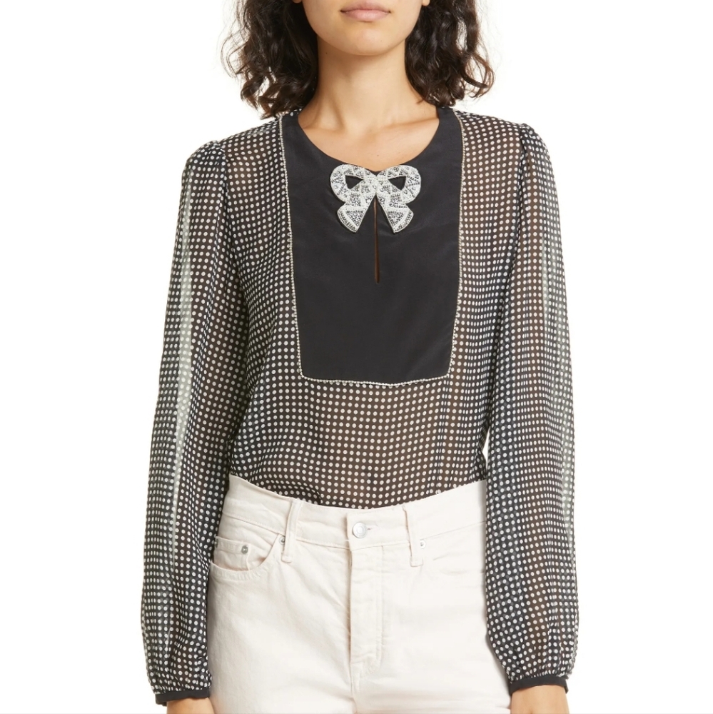 NWT SALONI Black & White Beaded Bow Silk Georgette Blouse Sz 8